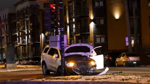 SUV on four flashers crashed in pole Stock Footage 102001160