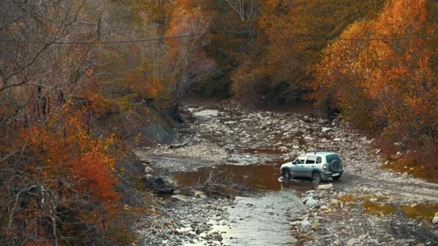 An SUV gray car moves over a dried-up river on autumn forest background Stock Footage 166182807