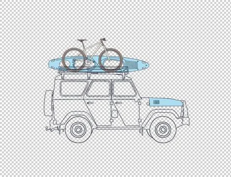 SUV logo template 4x4. There is a Bicycle and kayak in the trunk Stock Illustration