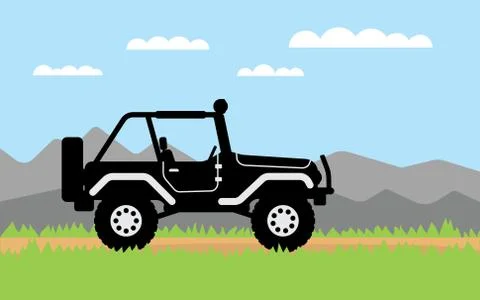 SUV rides on, background of mountains. Stock Illustration