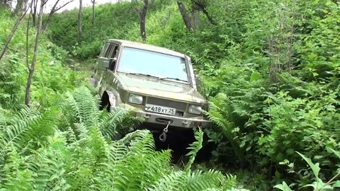 SUV slowly goes on a deep ravine in the wood. Stock Footage 77433713