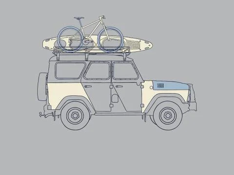 SUV, SUV logo template. There is a Bicycle and kayak in the trunk Stock Illustration