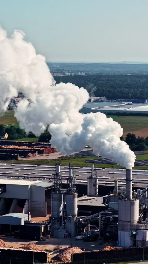 Suwalki Wood Processing Factory Chimney Emitting White Steam Clouds Poland Stock Footage 346575705