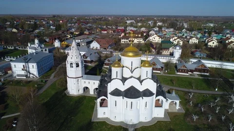 Suzdal, Golden Ring of Russia. Intercession Cathedral with golden domes. Stock Footage 107640226