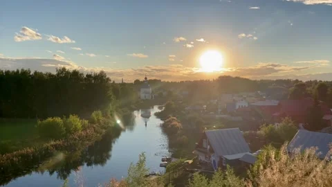 Suzdal is a small picturesque town in the Moscow region at sunset. View from the Stock Footage 215699341