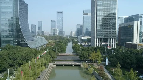 Suzhou, China - November 1, 2018: Aerial shot of buisness district downtown Stock Footage