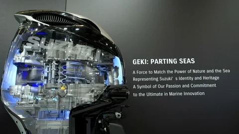 Suzuki outboard engine exhibited at the Genoa Boat Show. Stock Footage 85322803