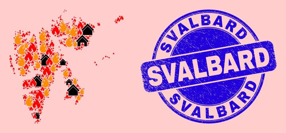 Svalbard Islands Map Composition of Flame and Buildings and Grunge Svalbard Ilustración de archivo