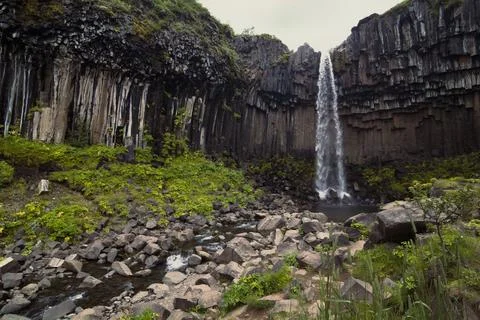 Svartifoss waterfall and river landscape photo Stock Photos