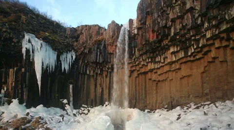 Svartifoss waterfalls hanging hexagonal basalt columns Stock Footage 34142123