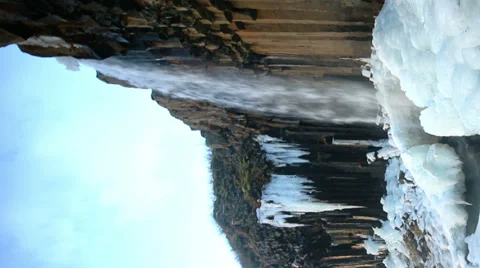 Svartifoss waterfalls hanging hexagonal basalt columns Stock Footage 34142664