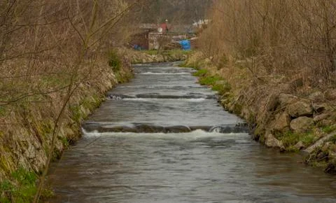 Svatava river in Kraslice town in Krusne mountains in spring day Stock Photos