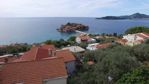 Sveti Stefan Island, aerial photography Stock Footage