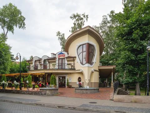 SVETLOGORSK, RUSSIA - July 21, 2019. Modern building of cafe Vika. Old-fashio Stock Photos