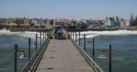 Swakopmund jetty and skyline, namibia Stock Footage 334792208