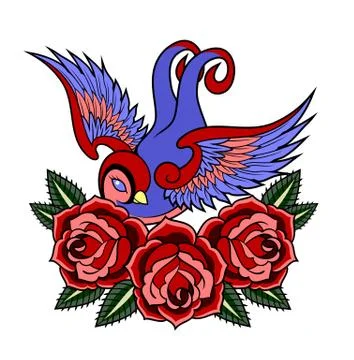 Swallow on the background of roses Stock Illustration