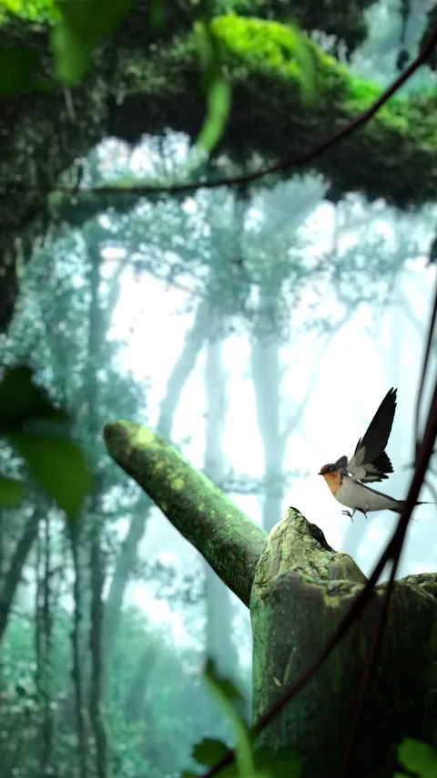 Swallow flying and stand on tree in forest. Stock Footage
