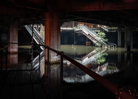 Swallowed by murky, mirror-like waters, the cavernous ruin in juxtaposes th.. Foto stock