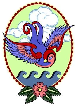 Swallows against the background of the sea and clouds Stock Illustration