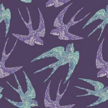 Swallows in flight, hand sketch style. Seamless pattern, wallpaper, fabric pr 库存插图