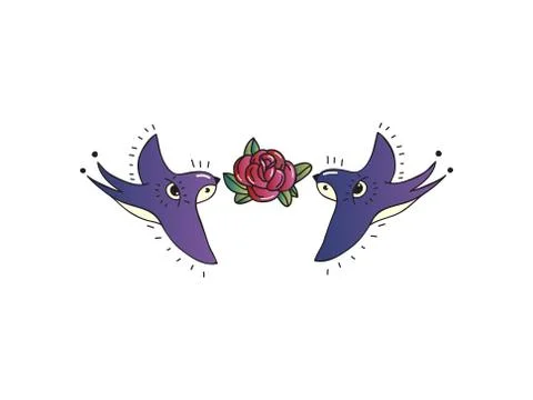 Swallows with flower on white background. Vector illustration. Stock Illustration