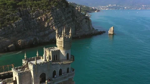 Swallow's Next gothic castle. A popular historical landmark in Crimea among t Stock Footage 165497232