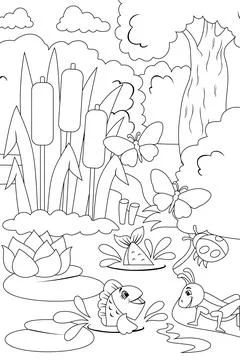 Swamp in the forest with characters. Different characters, fish, insects and Stock Illustration