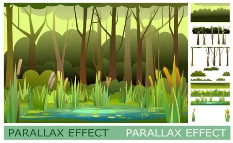 Swamp in forest. Set of slides for parallax effect. Funny cartoon style. Picture Stock Illustration