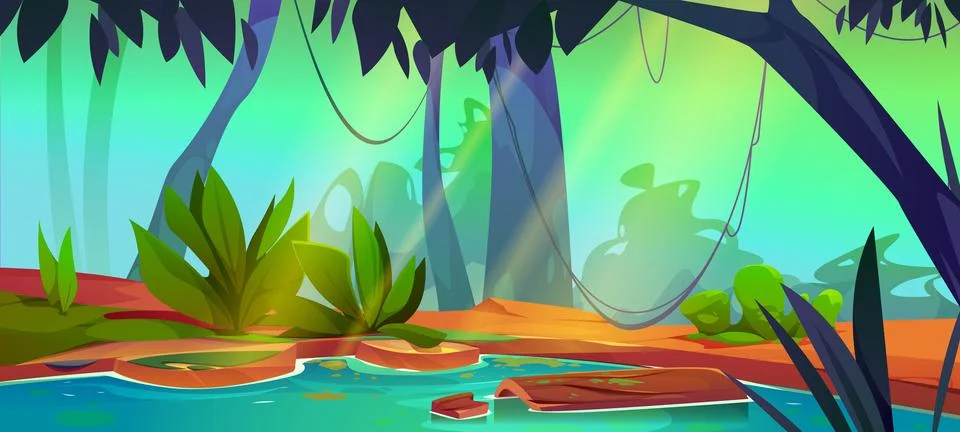Swamp in jungle forest vector game background Stock Illustration