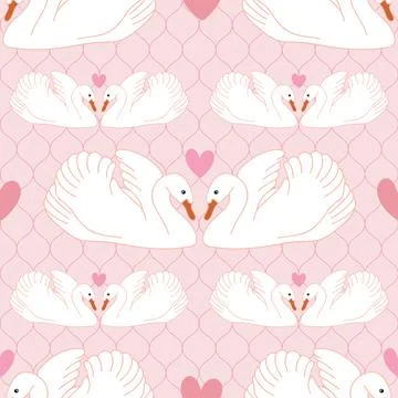 Swan couple with hearts seamless pattern Stock Illustration