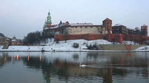 Swan floats down the river Vistula against Wawel castle in winter twilight Stock Footage 47104178