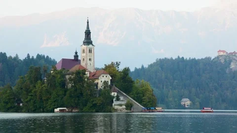 Swan sails along the lake Bled at dawn 库存影片 271302972