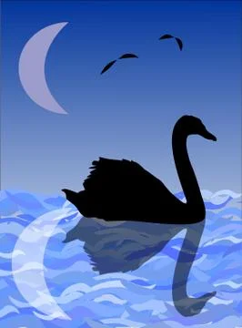 Swan silhouette on water surface with reflection of the moon Stock Illustration