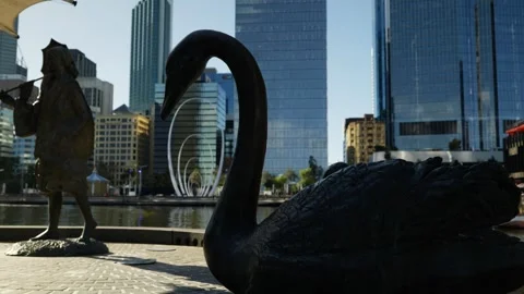 Swan statue and Arches of Spanda Sculpture in Perth 6K Stock Footage 312085733