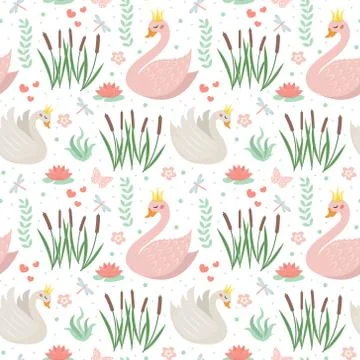 Swans cute seamless pattern. Modern princess swan repetitive texture. Holiday Illustrazione stock