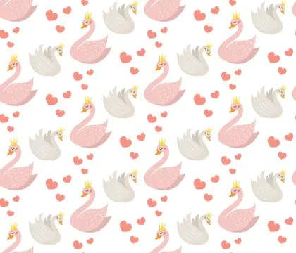 Swans cute seamless pattern. Modern princess swan repetitive texture. Holiday Illustrazione stock