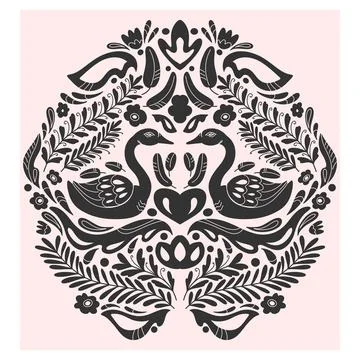 Swans. Folk-style pattern, symmetrical, detailed vector element. Rustic, Scan Stock Illustration
