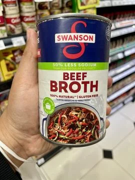 Swanson beef broth can Stock Photos