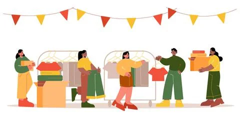 Swap party for exchange clothes, second hand shop Stock Illustration
