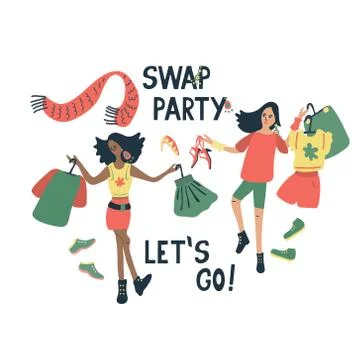Swap party. Lettering and illustration with cheerful girls. Stock Illustration
