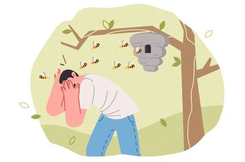 Swarm of bees attacks man who comes close to nest hanging on tree or touches Stock Illustration