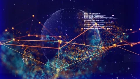 Swarm cloud starting drift, dotted globe turning, orange mesh shifting, code Stock Footage 333830009