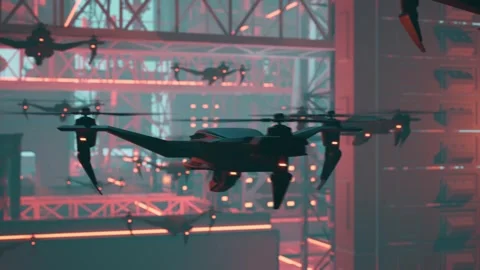 Swarm of Military or Security Drones Flying Through Industrial Hangar Stock Footage 325636736