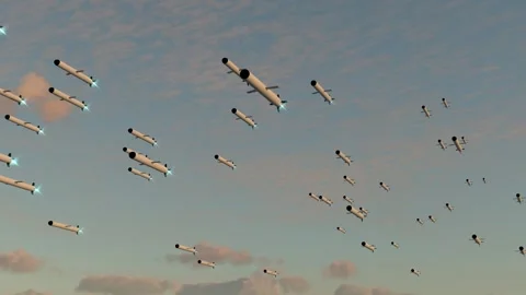 Swarm missile pack rockets on cloud sky Stock Footage 331927242