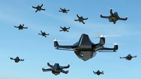Swarm of security drones with surveillance camera flying in the sky Stock Footage 75734658