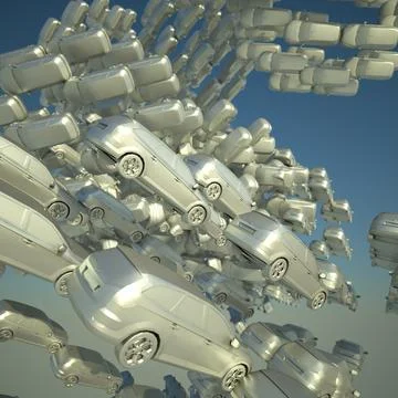 Swarm of silver cars floating in a cloud against a blue sky Illustrazione stock