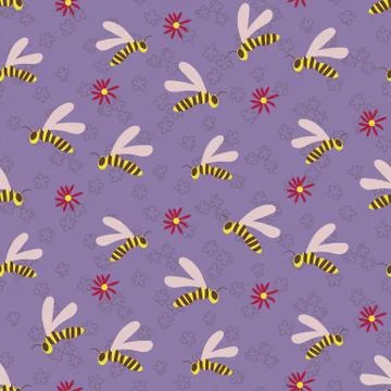 Swarm of wasps seamless vector pattern on lilac Stock Illustration