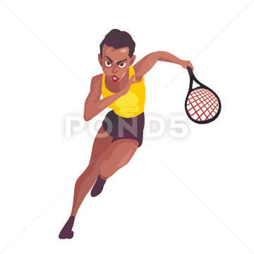 A swarthy woman in a sport suit runs with a tennis racket Stock Illustration