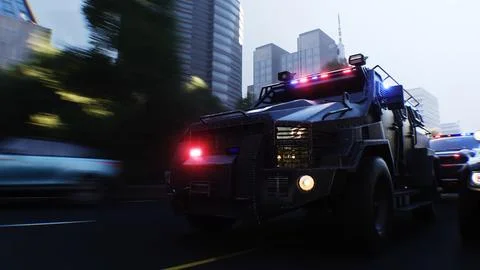 An swat police driving fast on a city street. 3d rendering. Stock Illustration