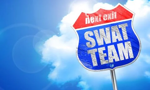 Swat team, 3D rendering, blue street sign Stock Illustration